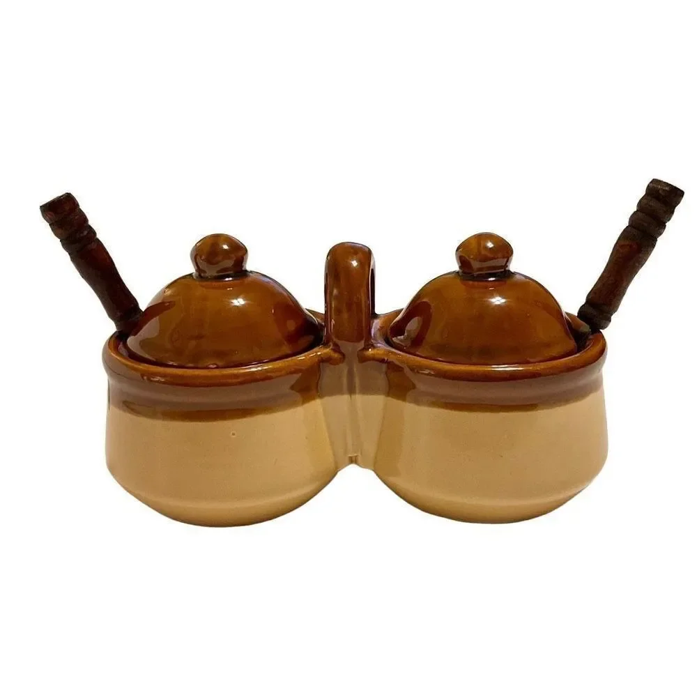 Vintage Double Condiment Jars with Lids and Spoons